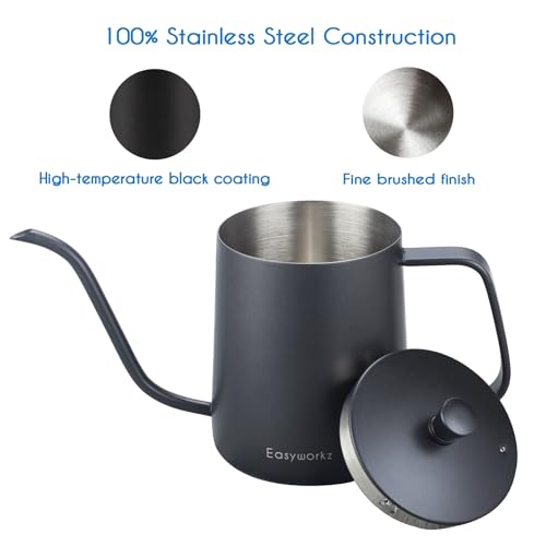 Easyworkz Gage Gooseneck Pour Over Coffee Kettle 20 oz Stainless Steel Hand Drip Coffee Pot with Long Narrow Spout - color: Black