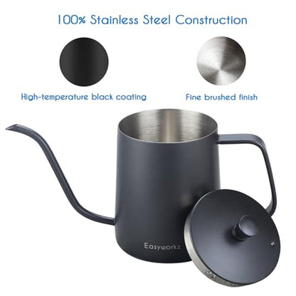 Easyworkz Gage Gooseneck Pour Over Coffee Kettle 20 oz Stainless Steel Hand Drip Coffee Pot with Long Narrow Spout - color: Black