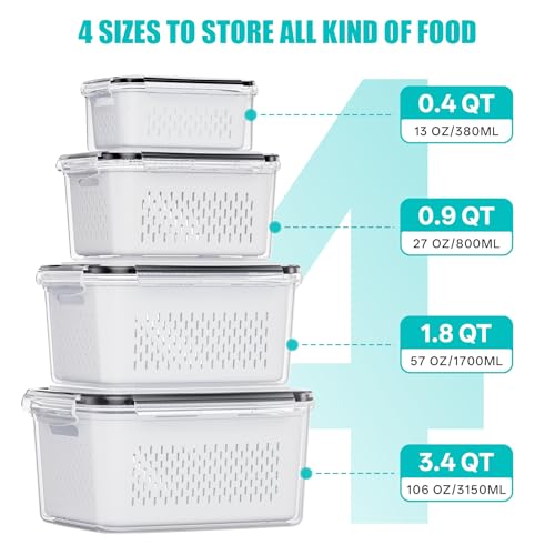 HOMETALL 4 Pack Fruit Storage Containers for Fridge Set, Produce Containers for Fridge with Strainer, Plastic Reusable Fridge Organizers and Storage for Berry Salad Lettuce, Size 3.4, 1.8, 0.9, 0.4QT - size: 4PCS