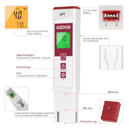 Digital pH Meter for Water with pH Strip ATC | pH Test Strip Function,PH Tester for Water, Pool, Hydroponic & Soil | Accurate PH Meter for Aquarium, Food & Plants