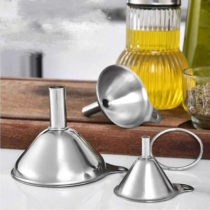 3 Pack Stainless Steel Funnels Set - Large & Small Food Grade Mini Metal Kitchen Funnels for Transferring Essential Oils, Liquids, Fluids, and Filling Bottles or Flasks，Silver