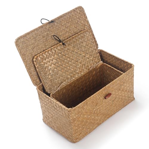 DOKOT Rectangular Seagrass Storage Basket with Lid, Natural, Set of 2 (M+S) | Handwoven, For Shelves, Home Organizer Bins - size: Set of 2 (S+M)