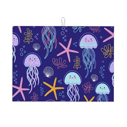Cute Jellyfish and Starfish Dish Drying Mat for Kitchen Counter Microfiber Absorbent Reusable Washable 18x24in - color: Cute Jellyfish And Starfish