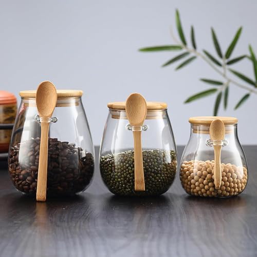 Airtight glass jar storage container with bamboo lid Set of 4, wide mouth, leak-proof, With a spoon, can be used for coffee beans, tea leaves, grains, dried fruits, etc (Small*4pcs) - color: Small*4pcs