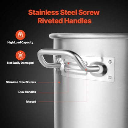 VEVOR Stainless Steel Stockpot, 100 Quart Large Cooking Pots, Cookware Sauce Pot with Basket, Lid, and Handle, Heavy Duty Commercial Grade Stock Pot, Sanding Treatment, for Large Groups Events Silver - size: 100 Quarts