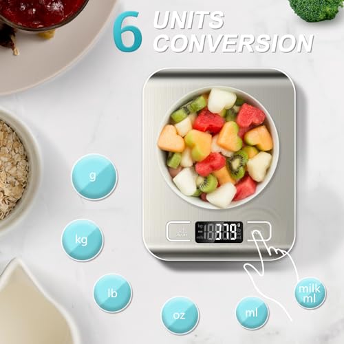 Food Scale, 11lb Kitchen Scale with 6 Units Tare Function & LCD Display, 0.05oz/1g Stainless Steel Digital Food Scale Grams and Ounces for Baking, Cooking, Dieting and Meal Prep (Batteries Included) - color: Silver
