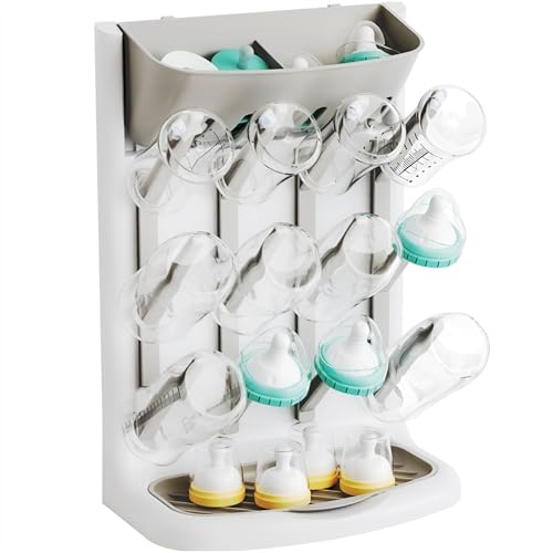 Yieach Larger Vertical Baby Bottle Drying Rack - BPA Free - Space Saving Feeding Bottles Drying Rack Holder for Countertop,Baby Bottle Holder Storage Station for Pacifiers,Pump Accessories Stand,Grey - color: Gray