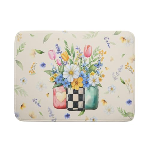 Giwawa Spring Flower Vases Dish Drying Mat for Countertop, 18"x24" Watercolor Floral Mason Jar Dish Drainer Mats, Wildflower Botanical Fast Dry Microfiber Large Dish Drying Pad Decoration - size: 24" x 18"