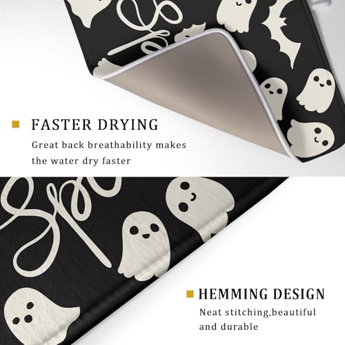 Halloween Dish Drying Mat for Kitchen Counter 18x24 Cute Ghost Black Spooky Holiday Scary Theme Absorbent Reversible Microfiber Drying Mats Kitchen Countertop Protector Dishes Drainer Pad - size: 18" x 24"