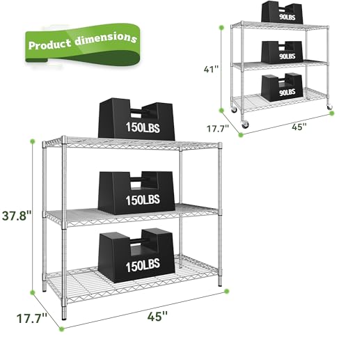 DurayLoly 45" W 3-Tier Metal Shelf on Wheels,450lbs,Kitchen, Laundry,Garage | 19mm chrome steel, 150 lbs/shelf, lock casters or switch to leveling feet, tool-free setup, fits pantry & bedroom - color: Chrome