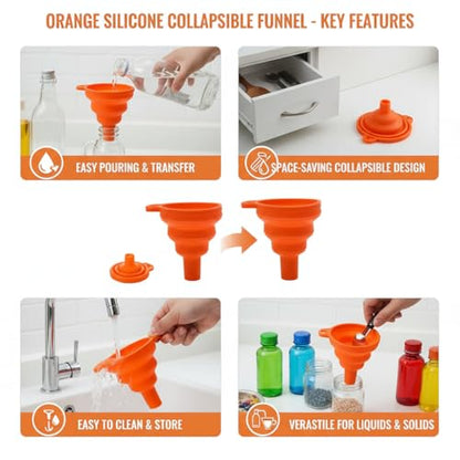 4 Pack Silicone Collapsible Kitchen Funnel for Water Beer Oil Filling Bottles ，Foldable Silicone Funnel Set – Collapsible Small & Large Funnels, Water Bottles & Liquid Transfer – Food Grade（Orange） - color: orange