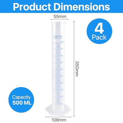 4팩 500ml 플라스틱 눈금 실린더, 붓는 가 있는 투명 측정 실린더 세트, 과학 프로젝트, 실험실 용품용 양면 제작 플라스틱 실험실 테스트 튜브