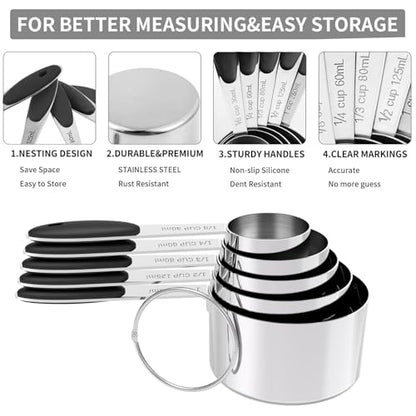 TILUCK Stainless Steel Measuring Cups and Spoons Set with Silicone Handle – Nesting Design for Space-Saving, Heavy Duty & Dishwasher Safe for Dry/Liquid Ingredients, Cooking & Baking (10)