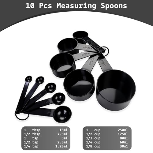 Inmorven 10pcs Measuring Cups and Spoons Set, BPA-Free Plastic Kitchen Baking Tools with Engraved Markings, Stackable Design for Dry & Liquid Ingredients (Black) - color: Black