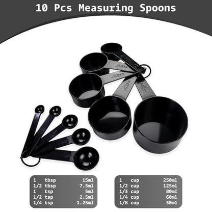 Inmorven 10pcs Measuring Cups and Spoons Set, BPA-Free Plastic Kitchen Baking Tools with Engraved Markings, Stackable Design for Dry & Liquid Ingredients (Black) - color: Black