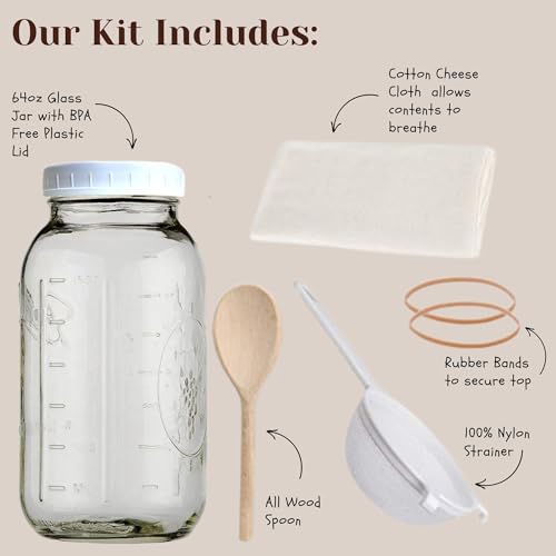 Jarming Collections Complete Kefir Starter Kit/Kombucha Fermentor Kit-1 Mason Jar Wide Mouth-Plastic Storage Lid - HIC(4 Inch) Nylon Mesh Strainer-Cotton Cloth Cover and Wood Spoon (Half Gallon)