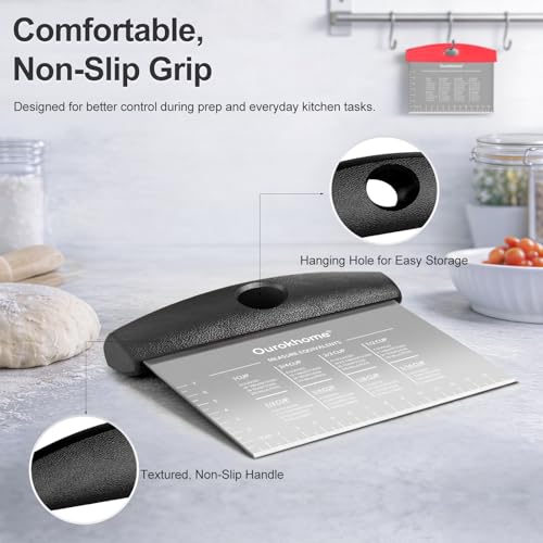 Ourokhome 2 Pack Bench Scraper Dough Cutter, Stainless Steel Dough Scraper with Laser-Etched Scale, Conversion Chart, Non-Slip Handle, Dishwasher Safe for Bread & Pastry, Black and Red - color: Red and black