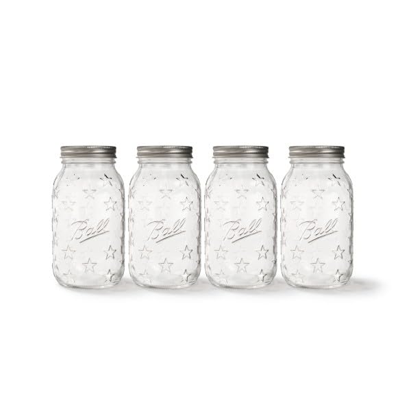 Ball Americana Regular Mouth Glass Mason Jars with Lids and Bands, Used for Canning, Pickling, Juice, Jam, Jelly, Quart Size 32 Ounce, 4 Count (Pack of 1)