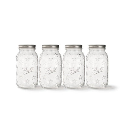 Ball Americana Regular Mouth Glass Mason Jars with Lids and Bands, Used for Canning, Pickling, Juice, Jam, Jelly, Quart Size 32 Ounce, 4 Count (Pack of 1)