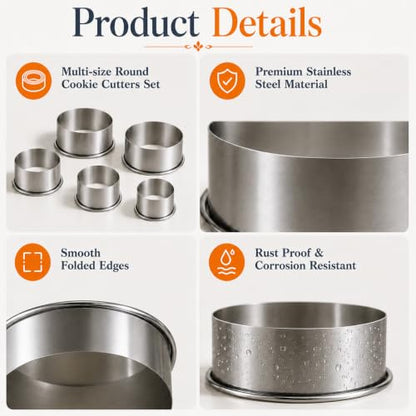 Biscuit Cutters, Round Cookie Cutters/Stainless Steel Dumpling Skin Cutters/Cake Pastry Cutters/Cake Cookie Scone Cutters Molds stamps for Cooking Baking (5Pcs, Plain Edge) - size: 5Pcs, Plain Edge