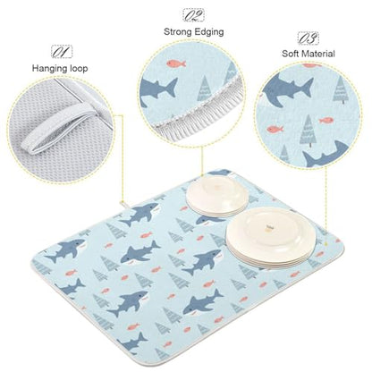 Sharks Fish Tree Blue Dish Drying Mat for Kitchen Counter Super Absorbent Draining Mat with Non-slip Backed Dishwashing Mat for Dish Bottles Cups Bowl Draining Racks Countertops Sinks