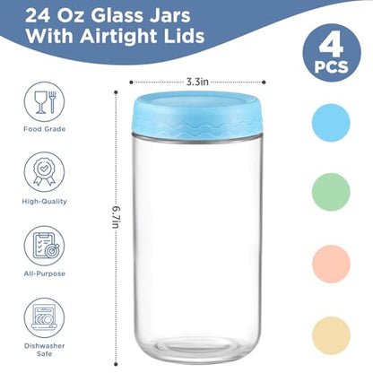 DRKIO 24 Oz Overnight Oats Containers with Lids - 4 Pack Glass Storage Jars with Airtight Lids Wide Mouth Mason Food Jars Great for Meal Prep Salad Chia Pudding Snacks Yogurt Sugar Spice Cereal - color: 24 Oz - 4 Colors