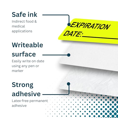 Expiration Date Stickers for Food, Medical & Lab Use - 800 Fluoro Yellow Write-on Small Labels (12mm x 40mm / 0.5" x 1.5") in Dispense Box. Strong Latex-Free Adhesive & Indirect Food/Medical Safe Ink - style: Expiration Date