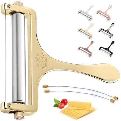 Zulay Kitchen Cheese Slicer With Adjustable Thickness – Heavy Duty Block Slicer with 2 Extra Wires – Ideal for Mozzarella, Cheddar, Gouda - Gold - color: Gold