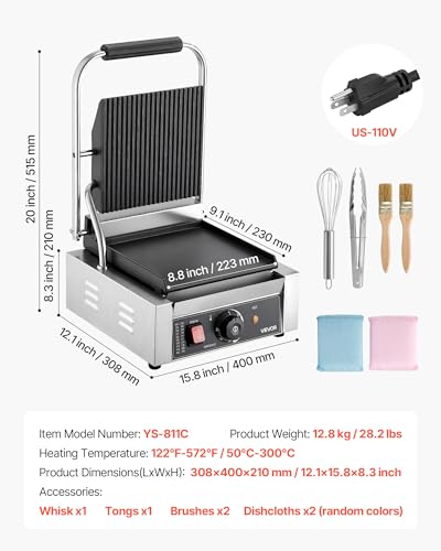 VEVOR Commercial Panini Grill, 1800W Electric Sandwich Panini Maker, Stainless Steel Sandwichs Press Grill with Handle and Temp Control, 8.8x9 in Flat Enamel Plate, for Hamburger Steak Bacon