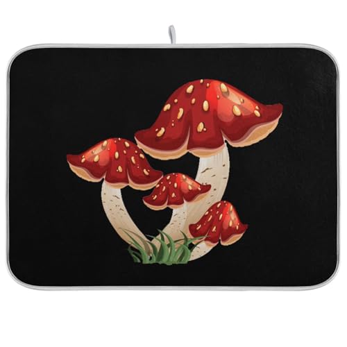 Cute Mushroom Dish Drying Mat for Kitchen Counter Microfiber Drying Mats Absorbent Reversible Dish Pad Draining Mats for Countertop Coffee Mats Medium 16x18 inch Gifts - color: cute mushroom, size: 18" x 16"