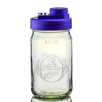 Brewing America Glass Mason Jar Pitcher with Lid - Azure Jar, 1 Quart (32 oz) with Purple Wide Mouth Pour Lid, for Smoothie, Boba, Sun Tea, Cold Coffee Glass Tumbler Cup, 1-Pack - color: Violet Purple