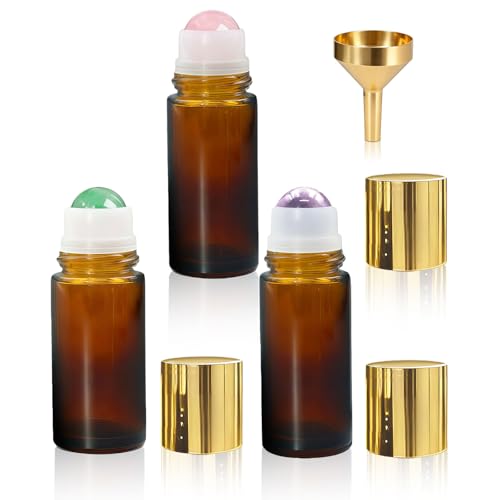 3 Pack Rose Quartz & Amethyst & Green Aventurine Roller Bottles for Oils, 50ml Refillable Amber Glass Roll On Bottles with Natural Crystal Roller, Leak-Proof Travel Perfume Bottle with Gold Caps - size: 3 Pack