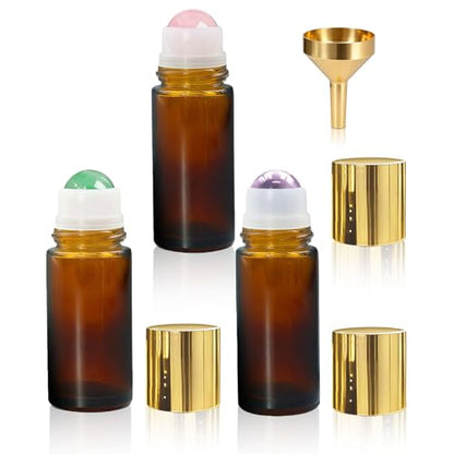 3 Pack Rose Quartz & Amethyst & Green Aventurine Roller Bottles for Oils, 50ml Refillable Amber Glass Roll On Bottles with Natural Crystal Roller, Leak-Proof Travel Perfume Bottle with Gold Caps - size: 3 Pack