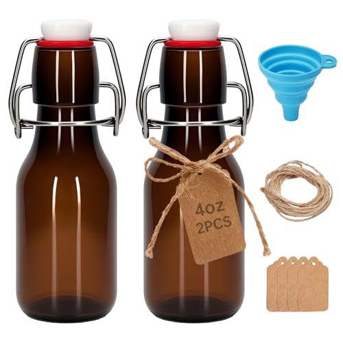 2Pcs 4 oz Amber round Mini Swing Top Glass Bottles with Stoppers Small Flip Top Bottles with Airtight Lids for Crafts Decoration Wedding Themed Party Favors (2)