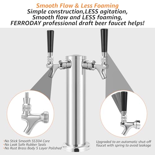 Ferroday Beer Faucet Beer Line Shank Faucet Kit, Kegerator Parts Beer Tower Replacement Kit with Self-Closing Spring Beer Tap, 5 Ft 3/16" Beer Line Tubing Keg Coupler Barb Wrench Clamp Brush Cover