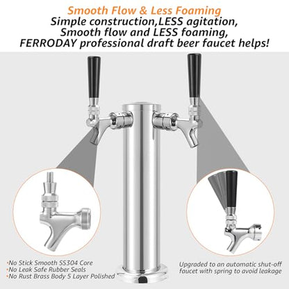 Ferroday Beer Faucet Beer Line Shank Faucet Kit, Kegerator Parts Beer Tower Replacement Kit with Self-Closing Spring Beer Tap, 5 Ft 3/16" Beer Line Tubing Keg Coupler Barb Wrench Clamp Brush Cover