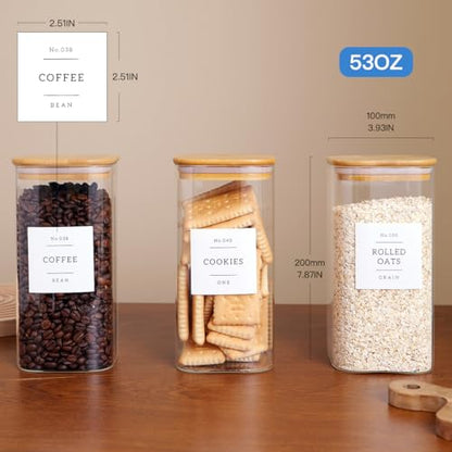 CZZGSM 3 Pack Square Glass Kitchen Storage Jars with Airtight Bamboo Lids and 132 Pantry Labels - 54oz Glass Canisters with Wood Lids - Food Storage for Sugar, Rice, Pasta, Cereal - color: 54OZ-3Pack