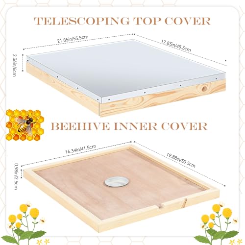 Colingmill 1pcs Mental Telescoping Hive Cover and 1pcs Beehive Inner Cover with 1pcs Feeding Jar Lids for 10 Frame Bee Hive, Beehive Part for Beekeeping Tool