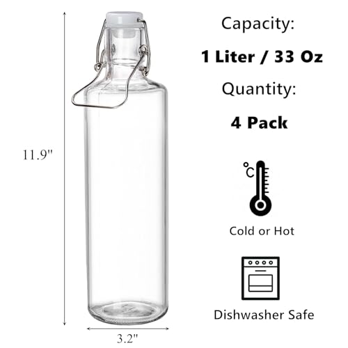Cididu 33oz Swing Top Glass Bottle 4 Pack, 1L Clear Beer Bottle with Air Tight Lids, Easy Cap Glassware with Handle for Kombucha, Home Brewing, Juice, Carbonated Drink, Vinegar, Oil, Mead, Milk, Soda