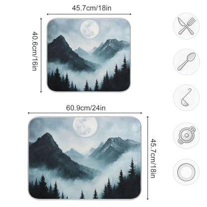 Moon Pine Trees Mountain Dish Drying Mat for Kitchen Counter Super Absorbent Draining Mat with Non-slip Backed Dish Drying Pad for Draining Racks Countertops Sinks Dish Bottles Cups Bowl