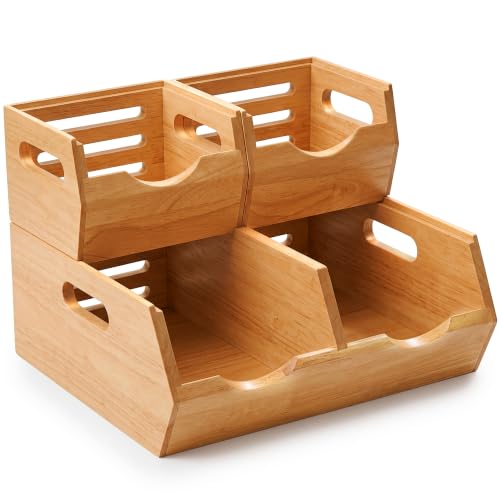 HOMESTEAD Stackable Solid Wood Storage Bins for Pantry & Countertop, Ventilated Potato and Onion Basket Organizer with Handles, Wooden Produce Storage Containers, 3 Pack, Natural Wood - color: Natural Wood