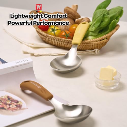 Short Stainless Steel Ladle 220mm (8.6”) – SUS304 Thick Deep Bowl Head with Soft-Grip Silicone Handle – Lightweight Mini Soup & Serving Spoon for Cooking – 5 Color Options (Yellow) - color: Yellow