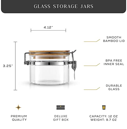 JoyJolt Glass Jars With Bamboo Lids (12 fl oz). 2PC Set of Airtight Storage Jars with Clamp Lids for Pantry Food Storage. Air Tight Sealable Glass Canisters Containers for Kitchen Organization