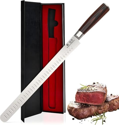 imarku Brisket Knife, 12 Inch Ultra Sharp Carving Slicing Knife for Brisket, BBQ, Turkey, Ham, Ribs, and Roast Beef, Japanese High Carbon Stainless Steel Blade, Ergonomic Pakkawood Handle, Gift Box - color: Black Brown Handle