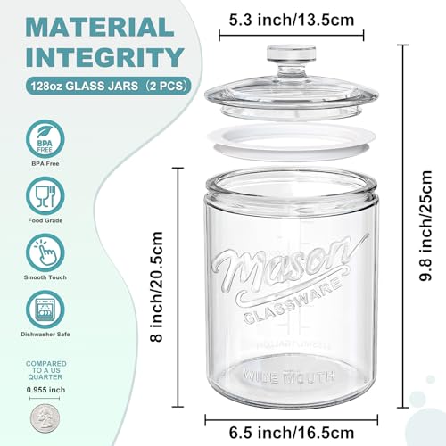 1 Gallon Cookie Jars, 2 Pcs, Large Glass Jars with Airtight Lids for Kitchen, Wide Mouth Food Storage Containers for Flour, Sugar, Sourdough Starter, Candy, Coffee, Dog Treat, Apothecary, Laundry - size: 1 Gallon, 2 Pack