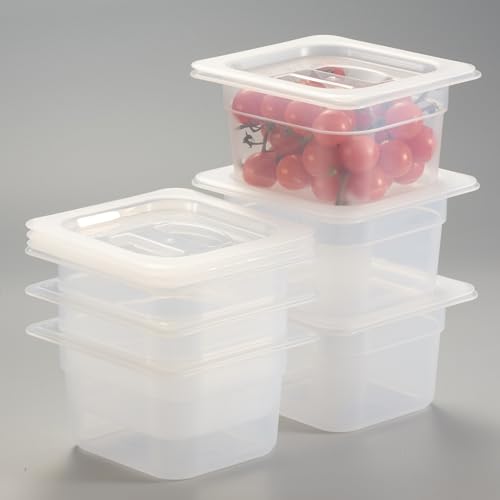 CURTA 6-Pack 1/6 Size 4" Deep Food Pan with Handled Lid – NSF Listed Commercial-Grade Translucent Polypropylene, Stackable Freezer-Safe Storage for Restaurants, Catering & Buffets - color: 1/6 Size, size: 4" Deep Pan (Handled Lid)