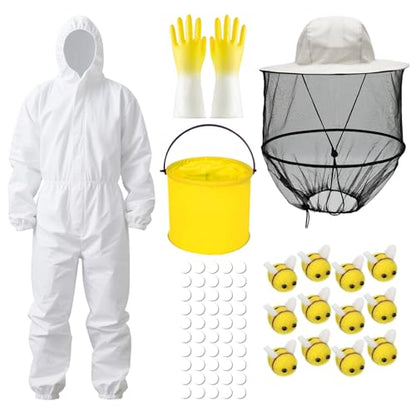Beekeeper Costume Set - Full Beekeeping Suit with Veil Hat, Gloves, Yellow Bucket, Felt Bees & Adhesive Dots for Halloween - size: X-Large