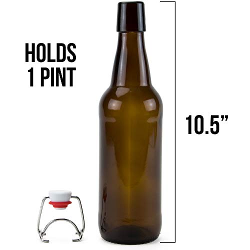 Glass Grolsch Beer Bottles, Pint Size - 16 oz Amber Single - Airtight Seal with Swing Top/Flip Top Stoppers - Supplies for Home Brewing & Fermenting of Alcohol, Kombucha Tea, Wine, & Homemade Soda