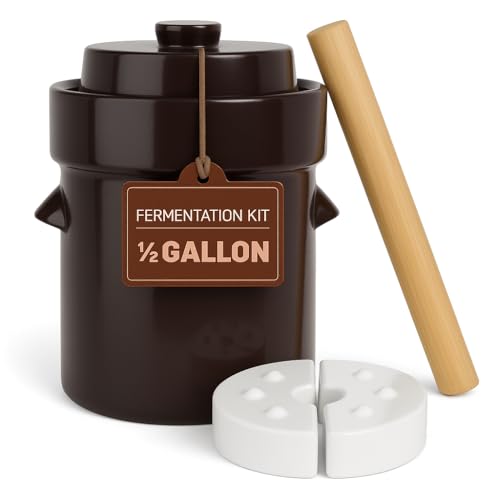 Humble House Fermentation Crock 1/2 Gallon Sauerkrock Sauerkraut Crock with Lid Weights & Pounder - Brown Ceramic Fermenting Crock Kit for Pickling Cabbage Kimchi Vegetables 2 Liter Fermentation Jar - color: Traditional Brown