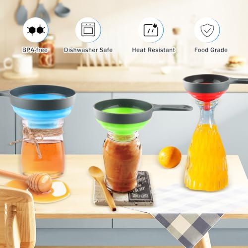 3 Set Silicone Canning Funnel for Wide and Regular Jars,Collapsible Food Grade Small Medium Large Funnel Set for Filling Solid Particles,Powder and Liquid